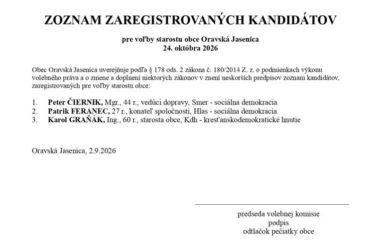 Zoznam zaregistrovaných kandidátov - starosta